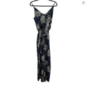 Loft Jumpsuit Sleeveless Wide Leg Tie Waist Pockets Navy Tropical Floral